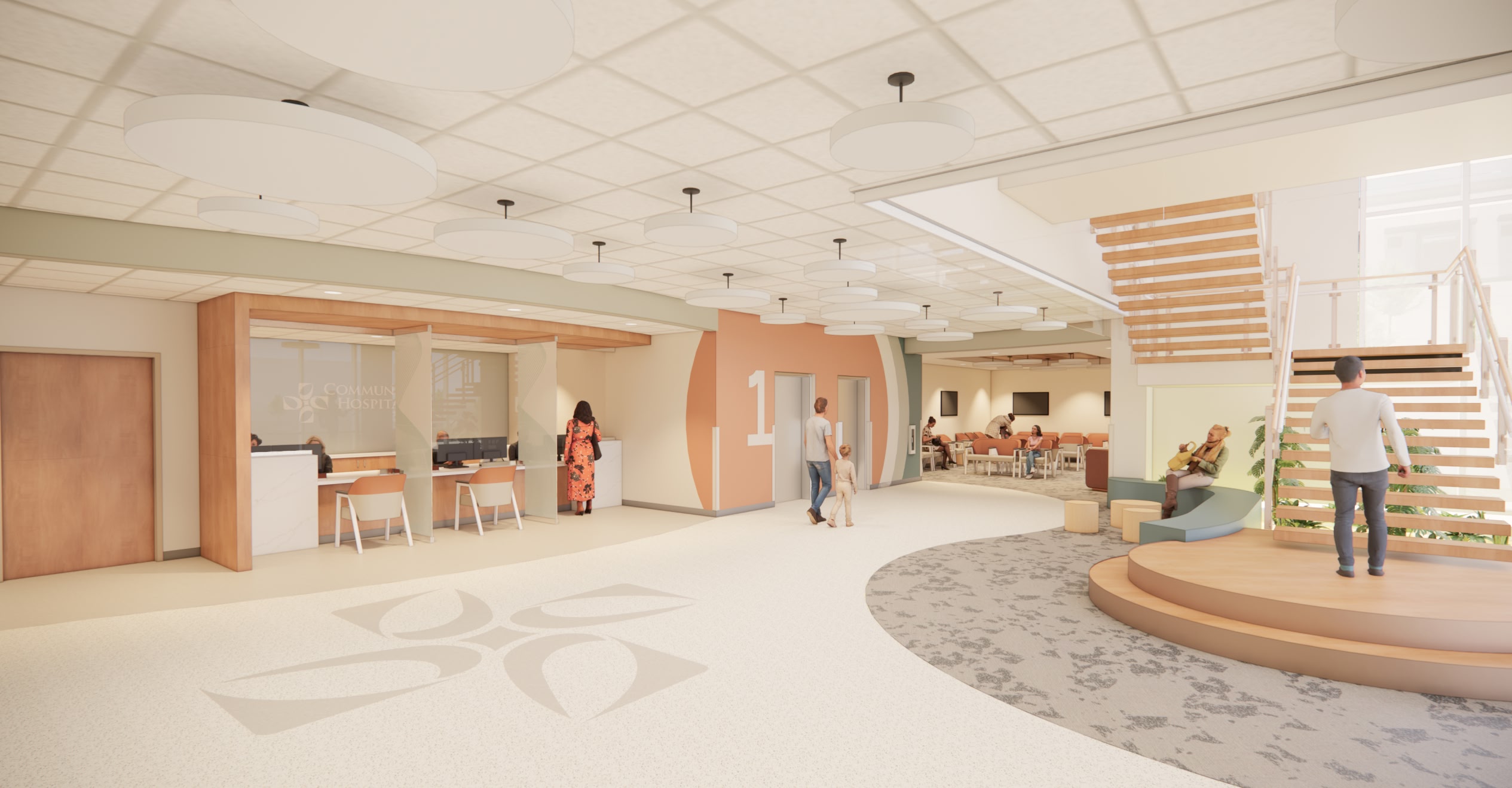 A modern, spacious lobby with light colors and natural lighting. Features include a reception desk, wooden staircase, patterned flooring, and seating areas