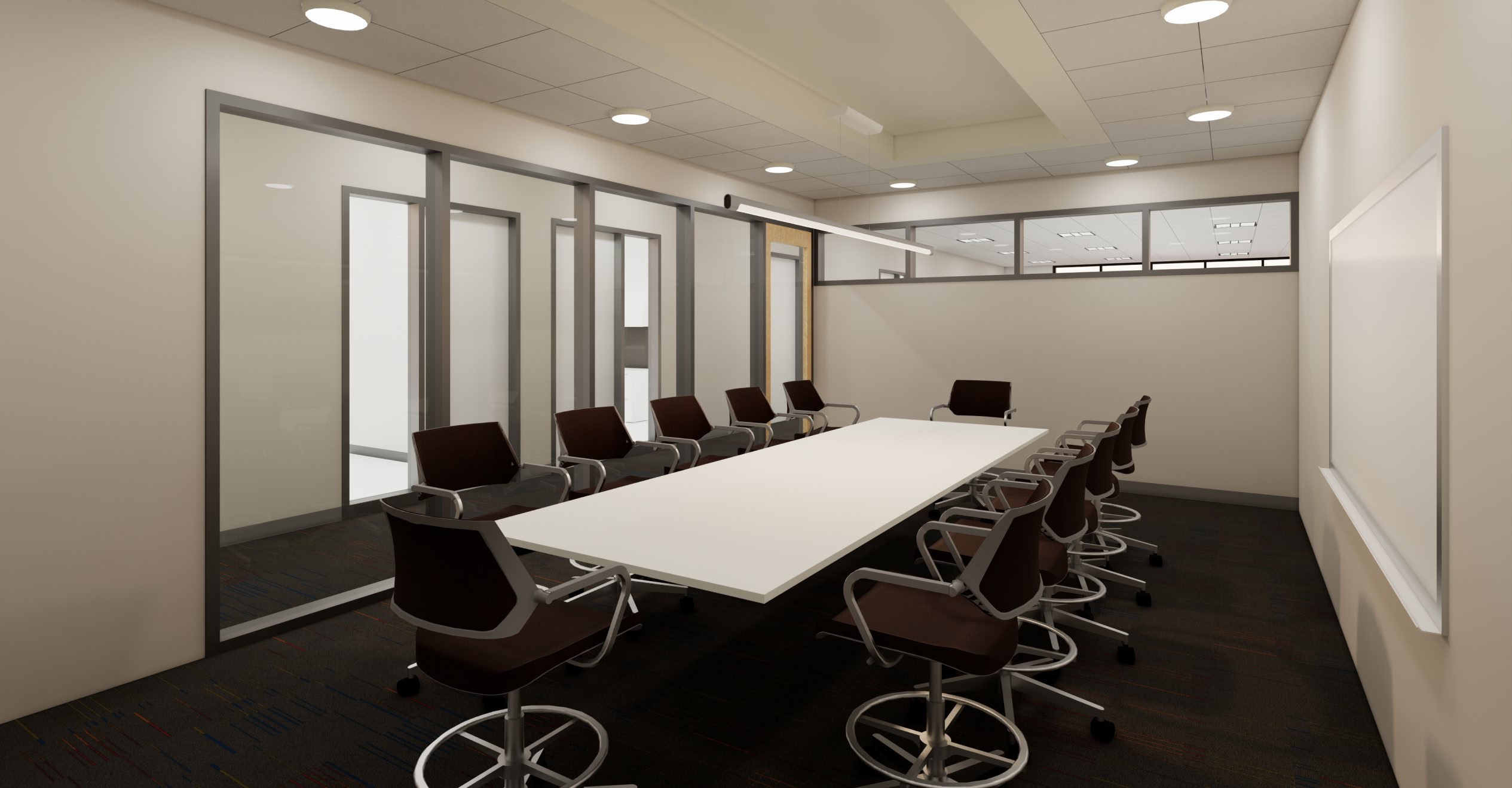 A modern conference room with a long white table surrounded by brown swivel chairs.