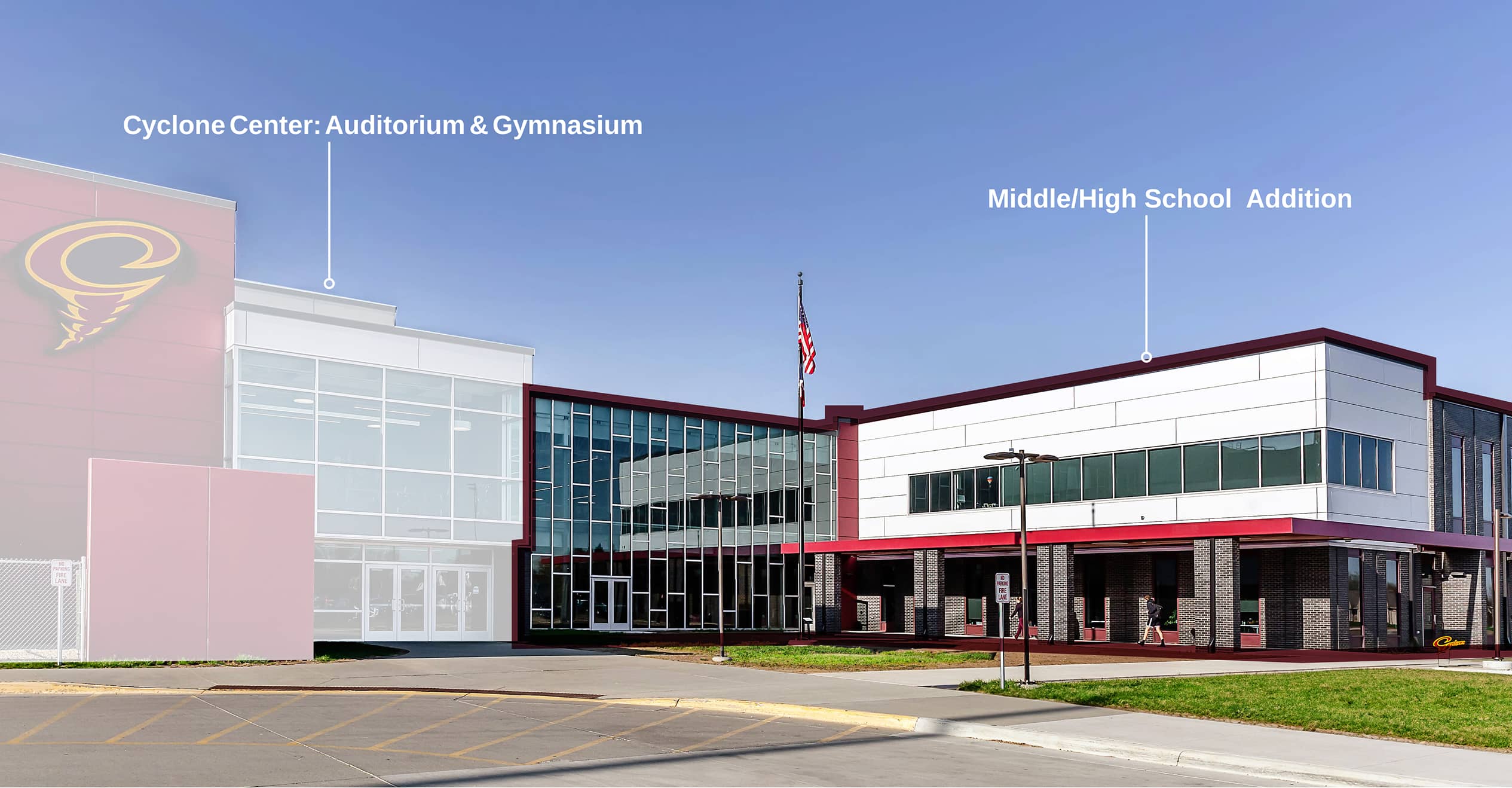 Modern school building exterior with large glass windows and an American flag. Labels indicate auditorium, gymnasium, and middle/high school addition.