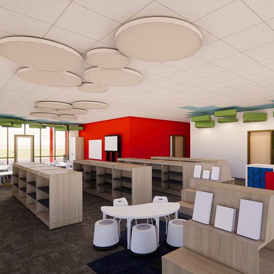 Rendering of the elementary school media center with collaborative seating, study tables, shelving, and ceiling-mounted acoustic panels in a bright, welcoming space.