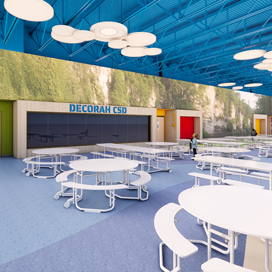 Rendering of the elementary school cafeteria with round tables, flexible seating, bright finishes, and an open layout designed for dining and student gatherings.