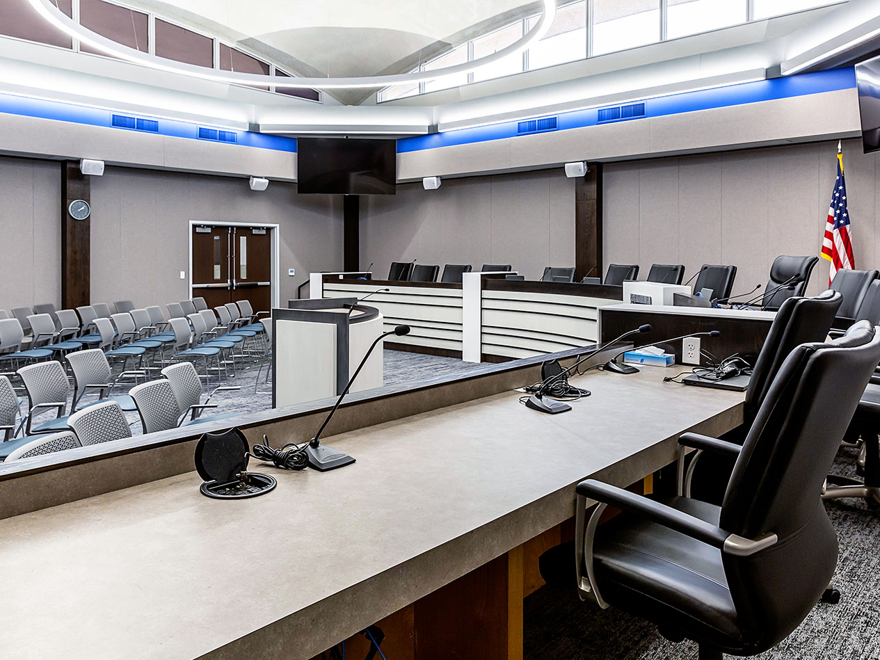 Cedar Falls City Hall council chamber with updated dais, seating, and technology for public meetings.