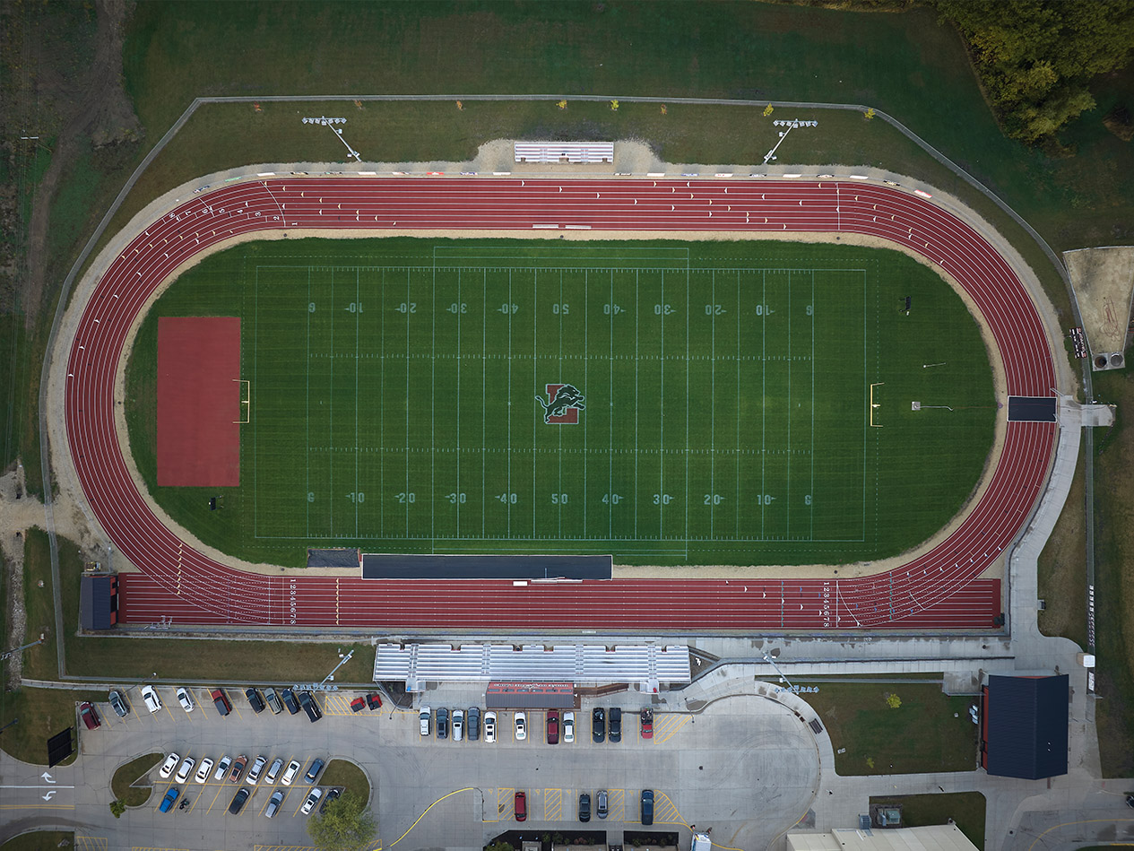 Aerial view of the Lisbon High School football field and track, supporting athletics and community events.