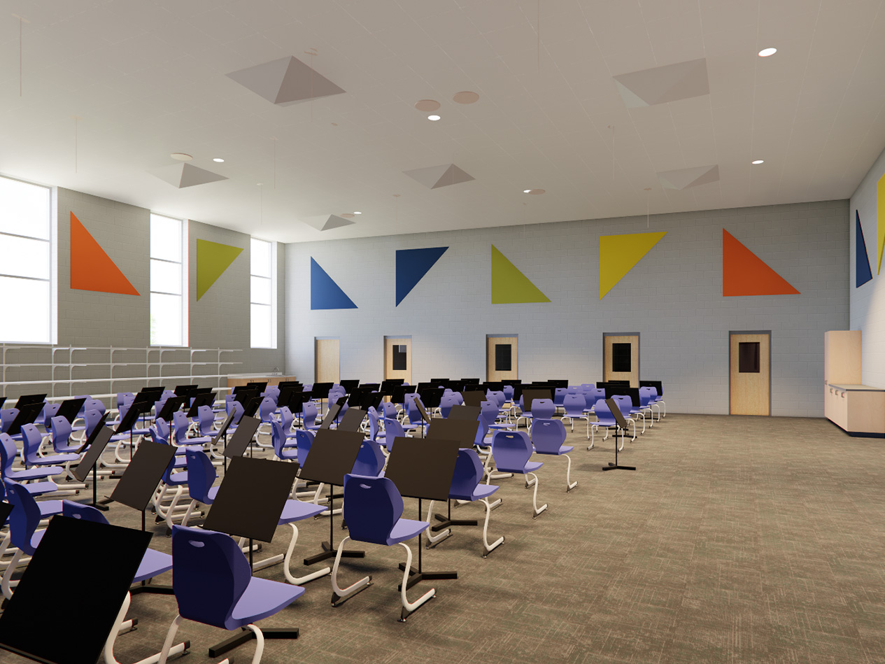 Rendering of school band room with rows of blue student chairs and music stands, acoustic wall panels, and flexible seating arranged for ensemble rehearsals.