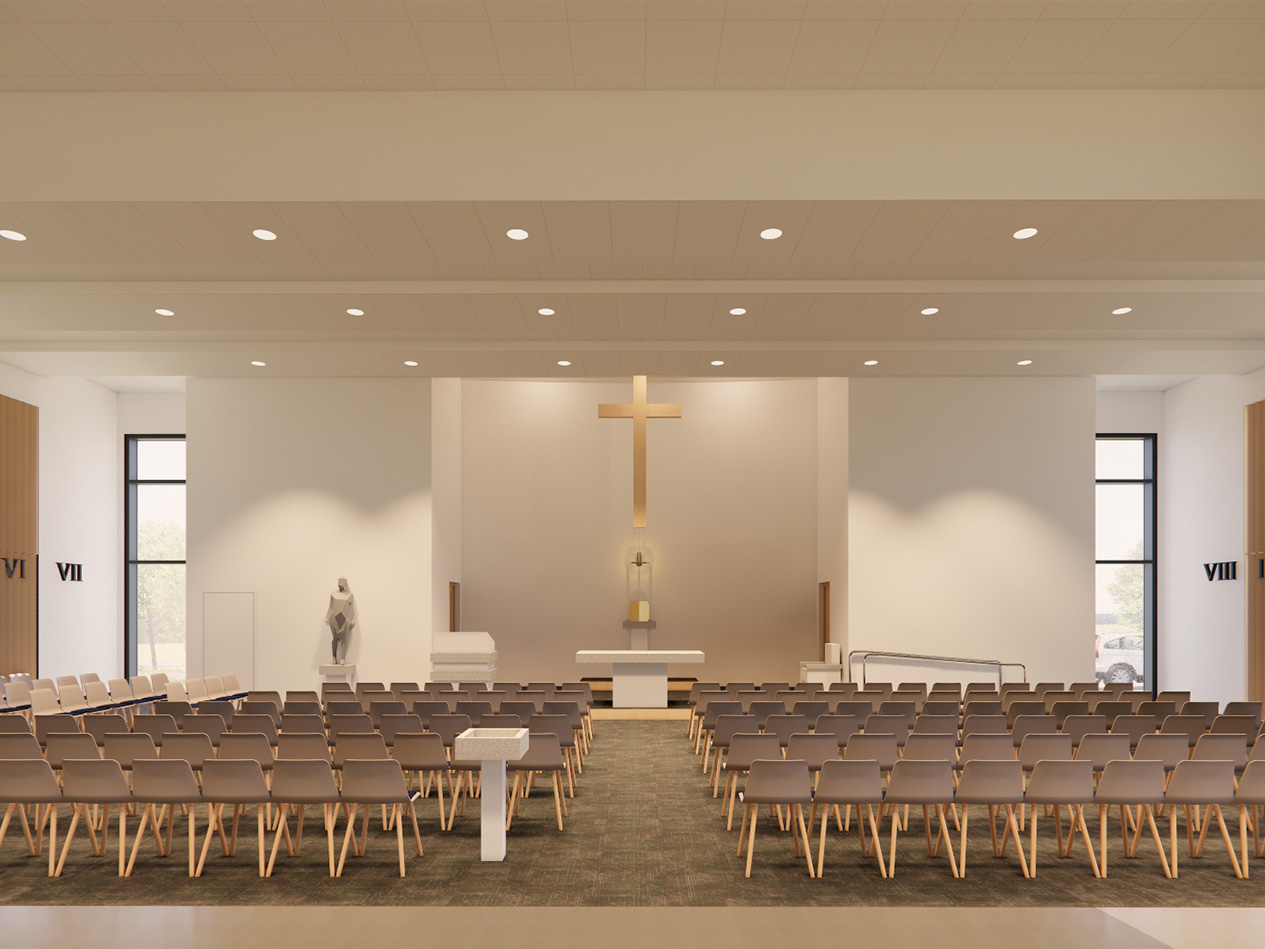 Rendering of the school chapel with rows of seating facing a central altar, a cross mounted on the front wall, warm lighting, and a calm, reverent atmosphere designed for worship and reflection.