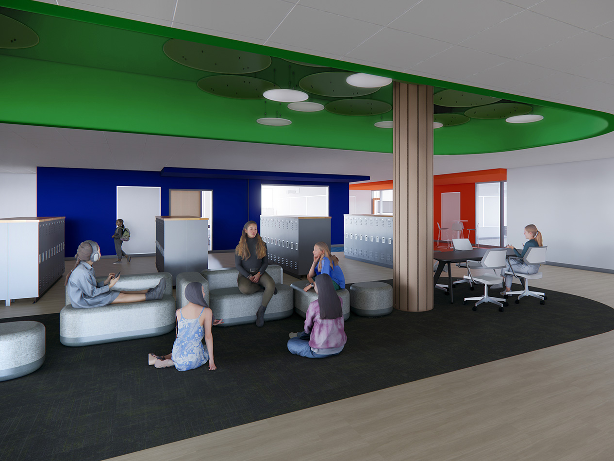 Rendering of a collaborative learning space with flexible seating, small group work areas, colorful ceiling accents, and students gathering for discussion and teamwork.