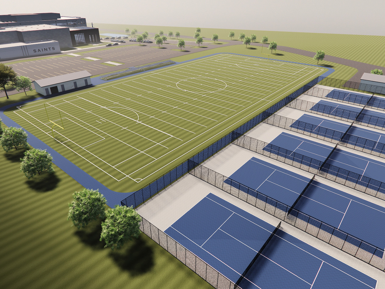 Aerial rendering of the middle schoolo athletic complex with football field, tennis courts, and surrounding facilities.