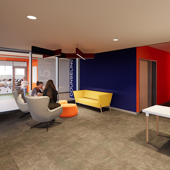 Counseling office at a middle school featuring lounge seating, private consultation spaces, and warm, supportive interior finishes.
