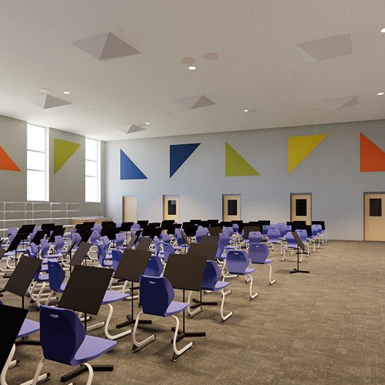 Music classroom with rows of student chairs and music stands, featuring acoustic ceiling elements, natural light, and colorful geometric wall accents.