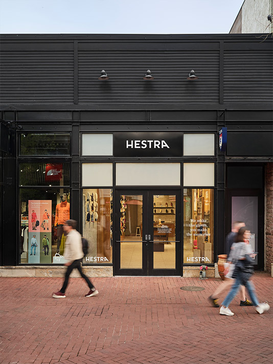 Hestra retail store design exterior storefront on Pearl Street Mall in Boulder Colorado