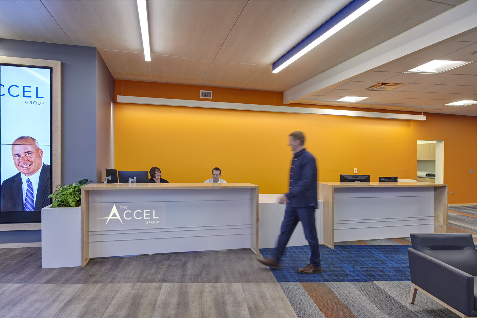 Reception desk and client welcome area at The Accel Group headquarters.
