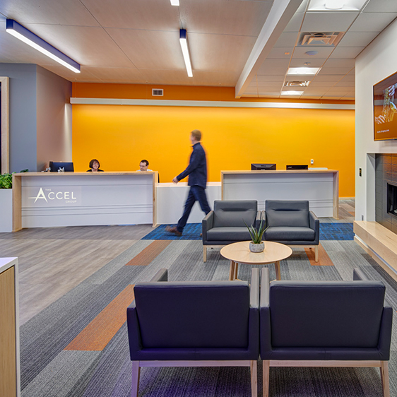 Reception lounge creating a welcoming experience for clients and visitors.